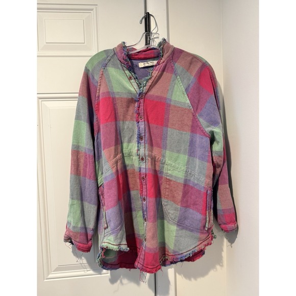 We The Free Tops - We The Free Women's Plaid Shirt Jacket Raw Hem Distressed Boho Pink Green S
